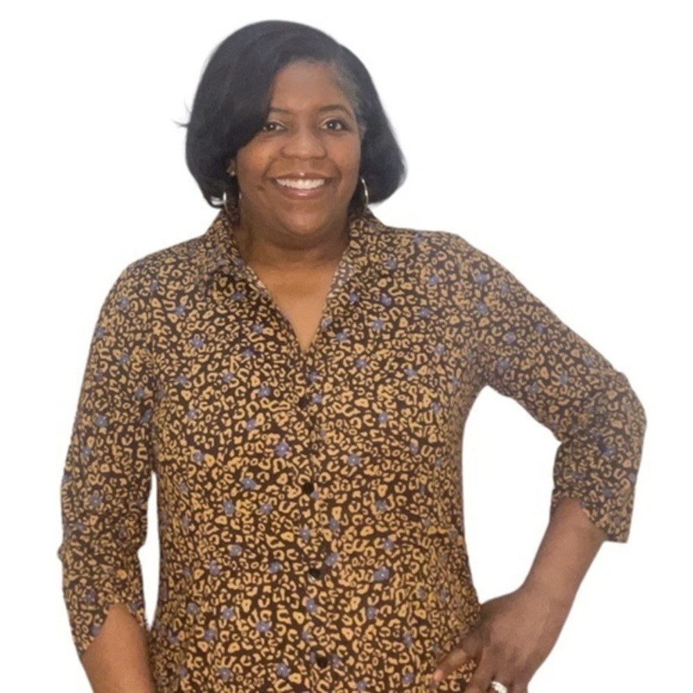 LOGO by Lori Goldstein dress woman’s brown animal print button shirt dress New L